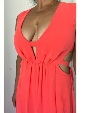 BCBGMaxAzria Coral Pink Cutout Dress Sheer Plunging Neck Size 6